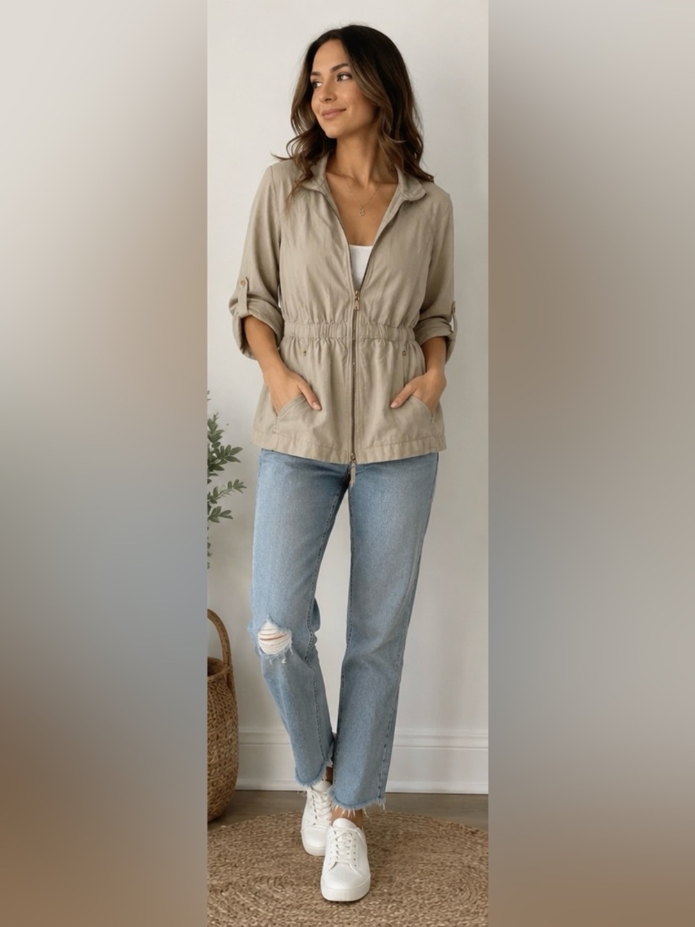 Ellen Tracy Linen Blend Zip Utility Jacket Size Small Beige Safari Jacket